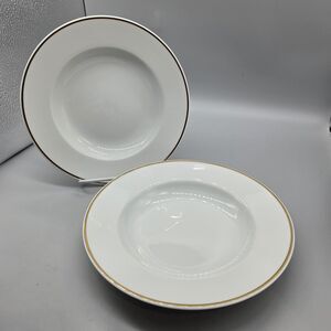 Apilco set (2) White gold band Porcelain Wide Rim 8.75" Soup Pasta Bowls France